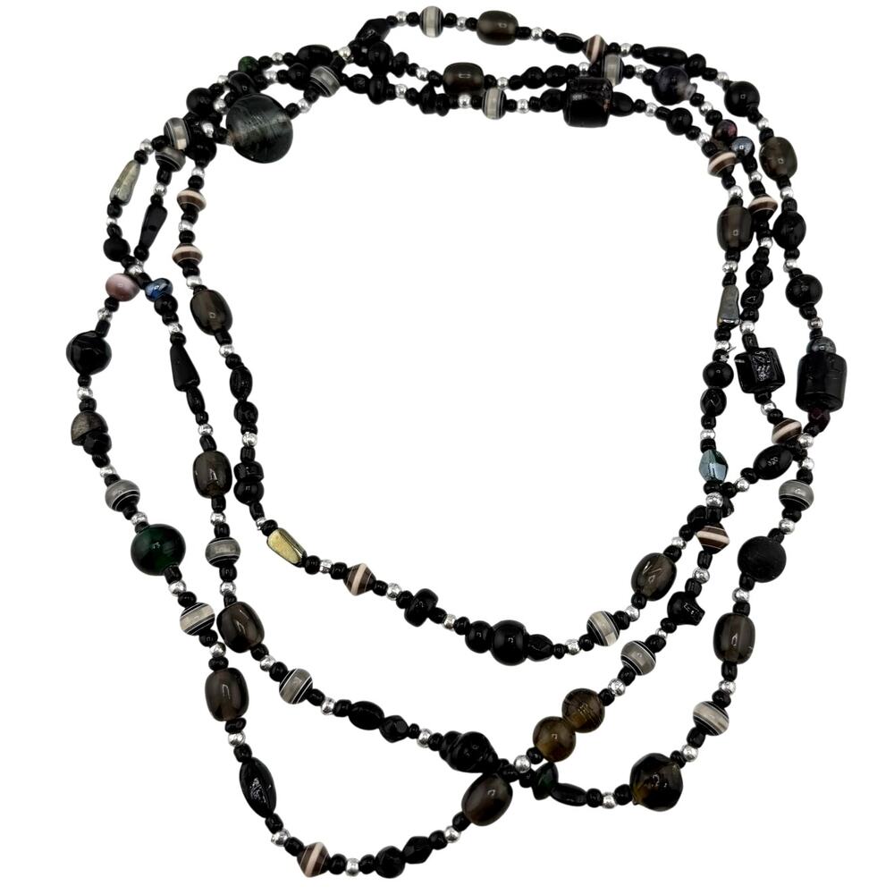 Opera Length Dramatic Glass Beads Dark Colors Black Silver 66" Necklace